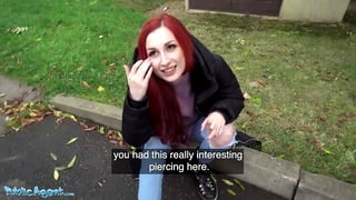 Outside Agent Red Head Brit Shows Off Her Pierced Boobs Before Basement Fuck Creampie