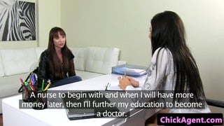 Lesbian casting agent fucks babe with strapon