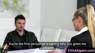 Blonde casting agent pussy fingered by client