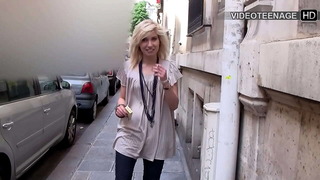 18 year blonde Vicky plays with sex toy during her porn casting