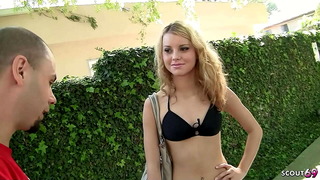 Small Tits blonde Girl with perfect Ass in Jeans Short Pick Up and talk to Casting fuck by Big Dick Stranger
